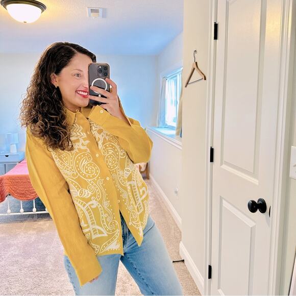 Vintage Pong Poco LTD Yellow White Embroidered Pure Linen Long Sleeve Top Large - Picture 1 of 16
